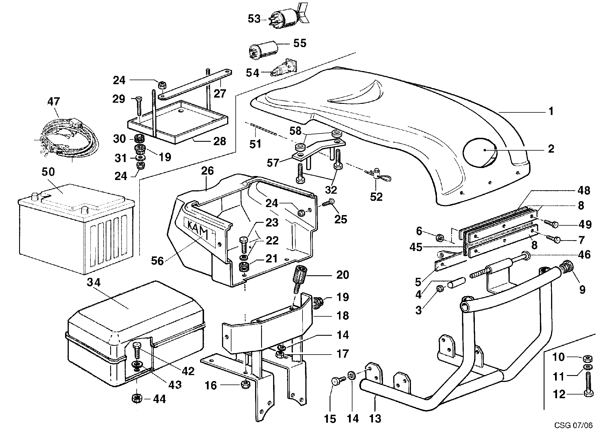 KAM 5 (jusqu'en 2009) Motoculteur Dessins pièces - Capot polyuréthane KAM 5 (jusqu'en 2009) Motoculteur OLEOMAC NIBBI vue éclatée Dessins pièces - Capot polyuréthane