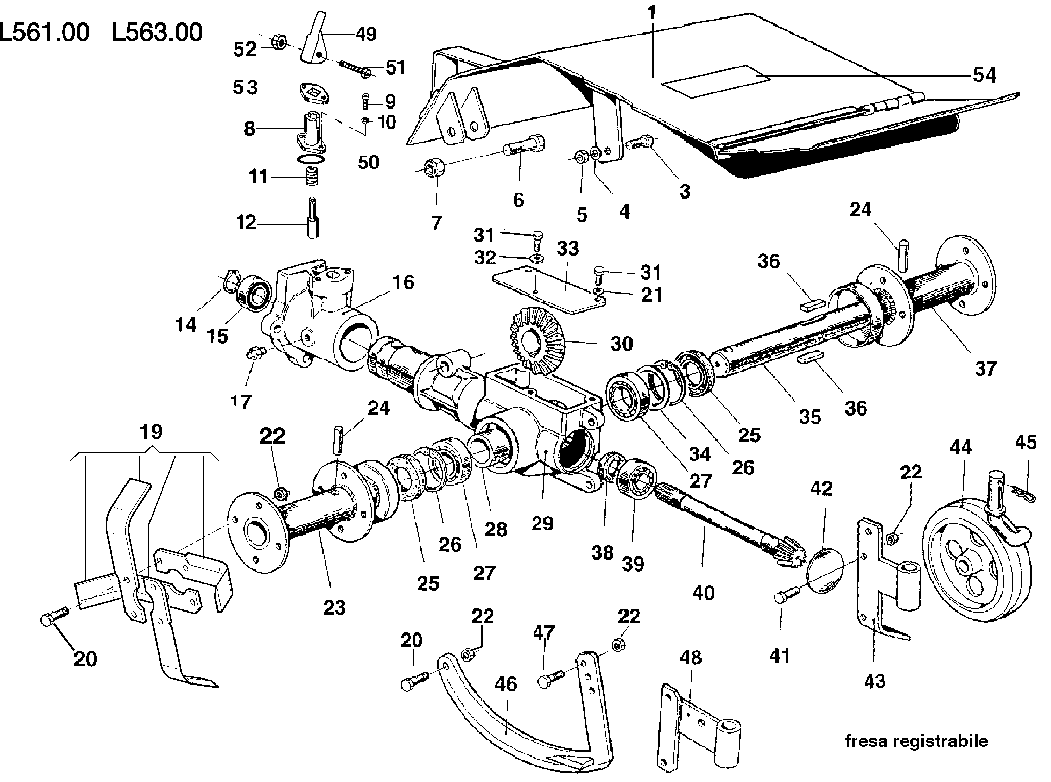 KAM 5 (jusqu'en 2009) Motoculteur Dessins pièces - Fraise registrable L0056100/L0056300 KAM 5 (jusqu'en 2009) Motoculteur OLEOMAC NIBBI vue éclatée Dessins pièces - Fraise registrable L0056100/L0056300